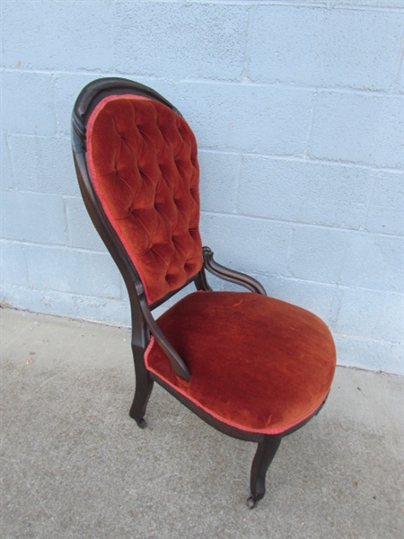 VICTORIAN PARLOR CHAIR W/ORANGE VELVET UPHOLSTERY