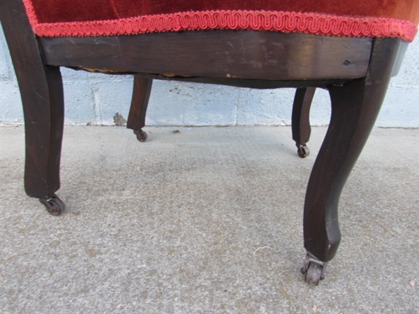 VICTORIAN PARLOR CHAIR W/ORANGE VELVET UPHOLSTERY