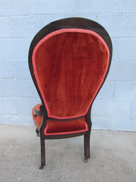 VICTORIAN PARLOR CHAIR W/ORANGE VELVET UPHOLSTERY