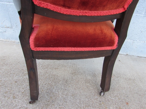 VICTORIAN PARLOR CHAIR W/ORANGE VELVET UPHOLSTERY