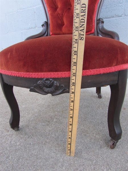 VICTORIAN PARLOR CHAIR W/ORANGE VELVET UPHOLSTERY