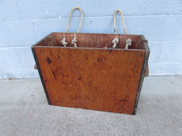 VINTAGE WOODEN CRATE WITH LEATHER STRAP & ROPE HANDLES