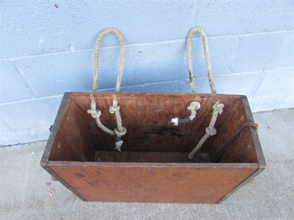 VINTAGE WOODEN CRATE WITH LEATHER STRAP & ROPE HANDLES