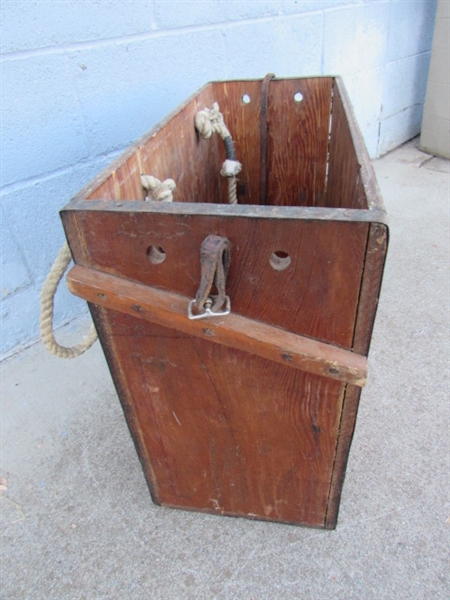 VINTAGE WOODEN CRATE WITH LEATHER STRAP & ROPE HANDLES