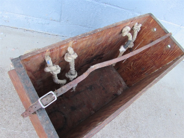 VINTAGE WOODEN CRATE WITH LEATHER STRAP & ROPE HANDLES