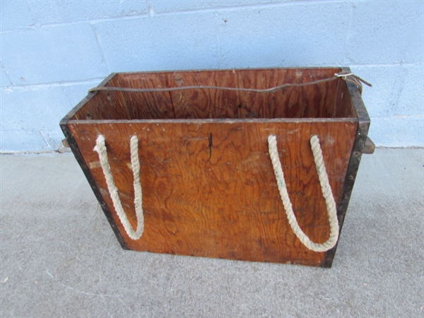 VINTAGE WOODEN CRATE WITH LEATHER STRAP & ROPE HANDLES