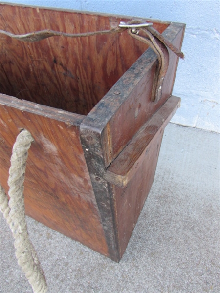 VINTAGE WOODEN CRATE WITH LEATHER STRAP & ROPE HANDLES