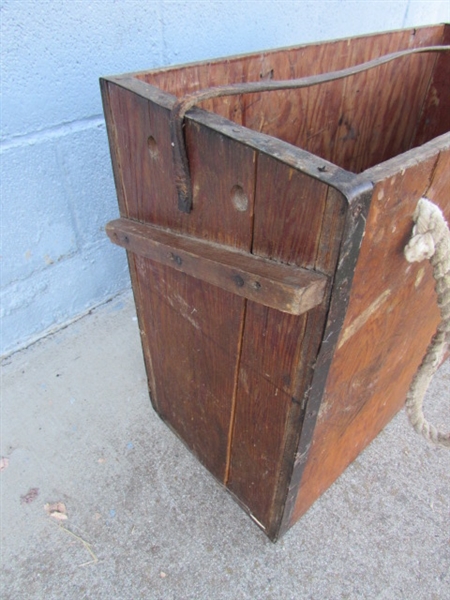 VINTAGE WOODEN CRATE WITH LEATHER STRAP & ROPE HANDLES