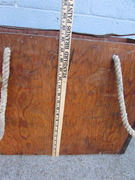 VINTAGE WOODEN CRATE WITH LEATHER STRAP & ROPE HANDLES