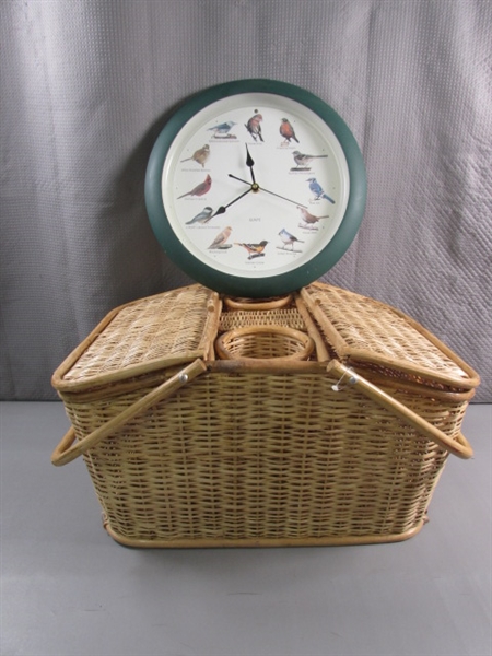 WICKER PICNIC BASKET & BIRD WALL CLOCK