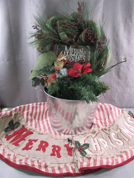 CHRISTMAS TREE SKIRT, METAL BUCKET W/GREEN GARLAND & CHRISTMAS WREATH