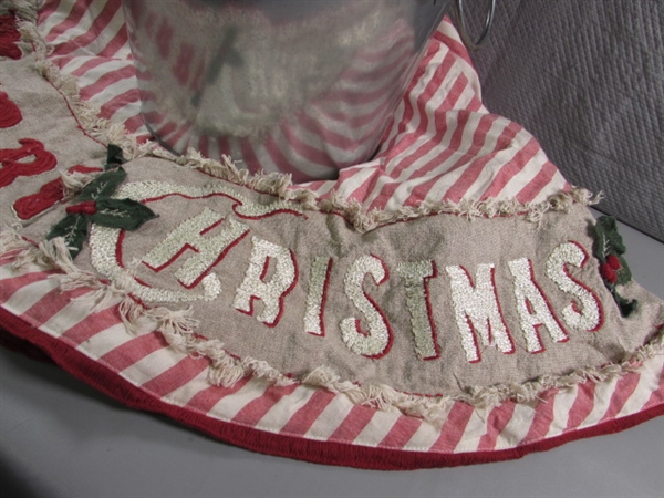 CHRISTMAS TREE SKIRT, METAL BUCKET W/GREEN GARLAND & CHRISTMAS WREATH