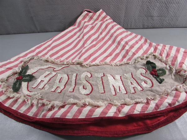 CHRISTMAS TREE SKIRT, METAL BUCKET W/GREEN GARLAND & CHRISTMAS WREATH