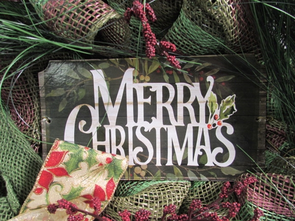 CHRISTMAS TREE SKIRT, METAL BUCKET W/GREEN GARLAND & CHRISTMAS WREATH