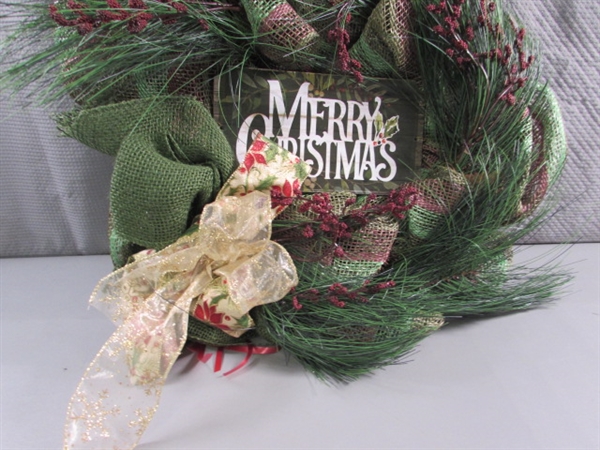 CHRISTMAS TREE SKIRT, METAL BUCKET W/GREEN GARLAND & CHRISTMAS WREATH