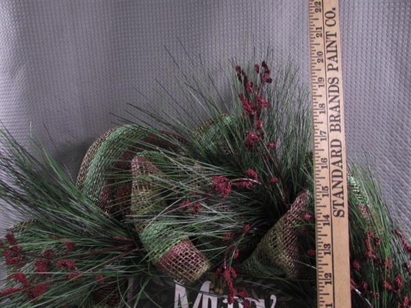 CHRISTMAS TREE SKIRT, METAL BUCKET W/GREEN GARLAND & CHRISTMAS WREATH