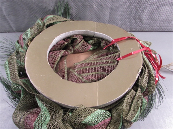 CHRISTMAS TREE SKIRT, METAL BUCKET W/GREEN GARLAND & CHRISTMAS WREATH