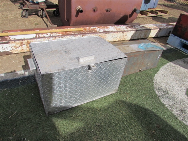 DIAMOND PLATE TRUCK BOX, 2 PERMIT PLATES & SMALL METAL TOOLBOX