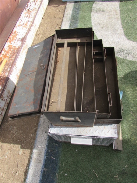 DIAMOND PLATE TRUCK BOX, 2 PERMIT PLATES & SMALL METAL TOOLBOX