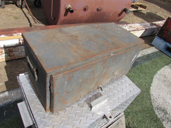 DIAMOND PLATE TRUCK BOX, 2 PERMIT PLATES & SMALL METAL TOOLBOX