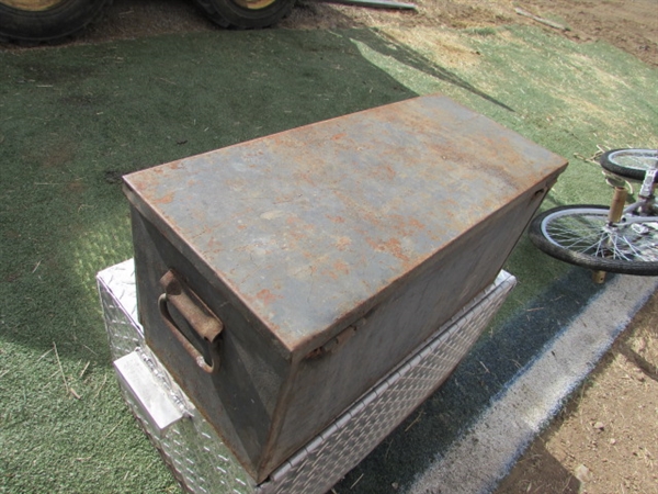 DIAMOND PLATE TRUCK BOX, 2 PERMIT PLATES & SMALL METAL TOOLBOX