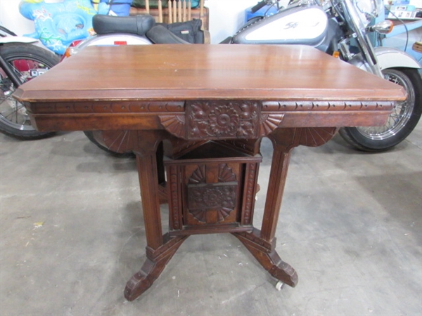 ANTIQUE TABLE W/CARVED DETAILS