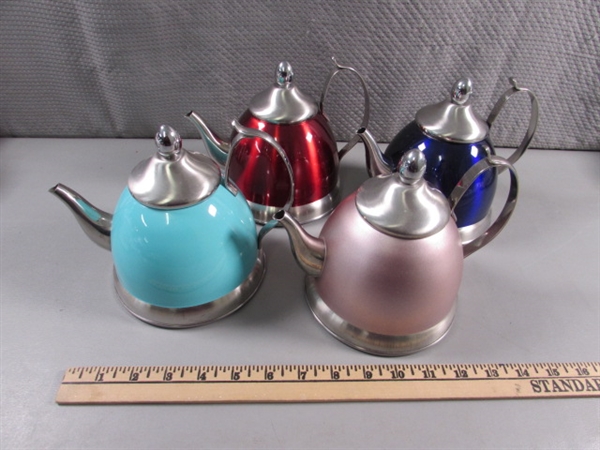 4 CREATIVE HOME STAINLESS STEEL TEA KETTLES W/REMOVABLE INFUSERS