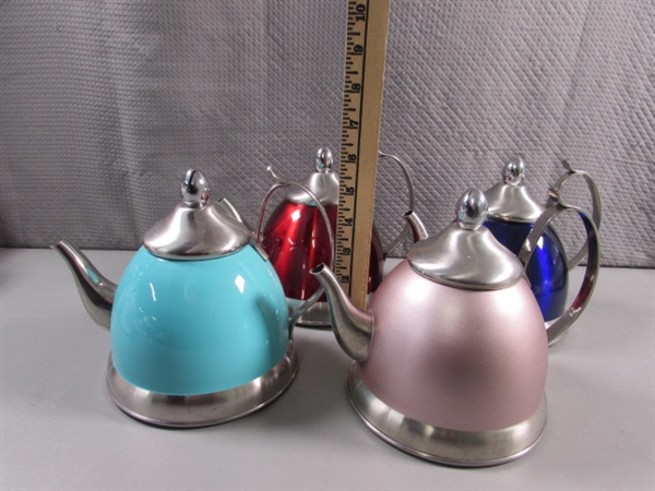 4 CREATIVE HOME STAINLESS STEEL TEA KETTLES W/REMOVABLE INFUSERS