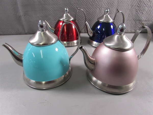 4 CREATIVE HOME STAINLESS STEEL TEA KETTLES W/REMOVABLE INFUSERS