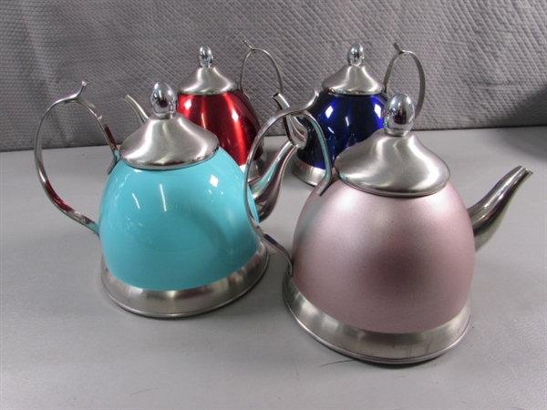 4 CREATIVE HOME STAINLESS STEEL TEA KETTLES W/REMOVABLE INFUSERS