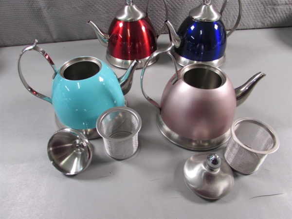 4 CREATIVE HOME STAINLESS STEEL TEA KETTLES W/REMOVABLE INFUSERS