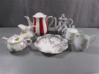 TEA POTS, SUGAR & CREAMER SETS & ANTIQUE FINE CHINA PLATE