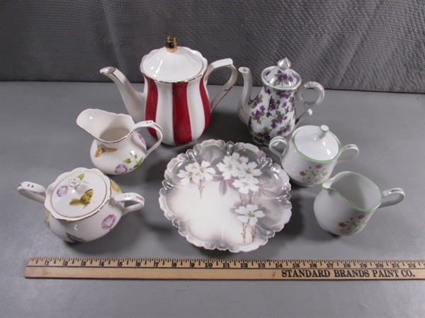 TEA POTS, SUGAR & CREAMER SETS & ANTIQUE FINE CHINA PLATE