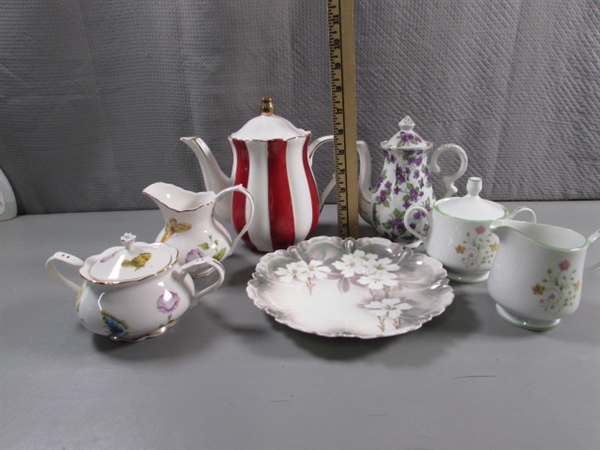 TEA POTS, SUGAR & CREAMER SETS & ANTIQUE FINE CHINA PLATE