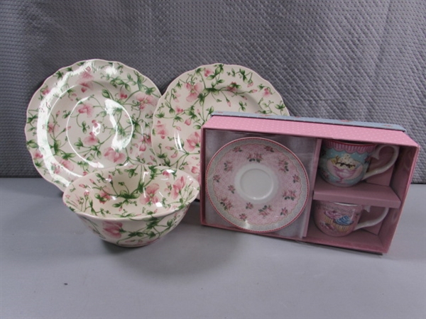 NEW TEA SET FOR 2 & HARRY & DAVID PLATES & A BOWL