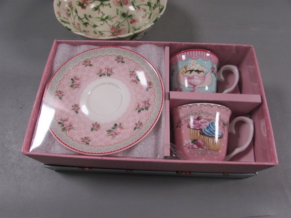 NEW TEA SET FOR 2 & HARRY & DAVID PLATES & A BOWL