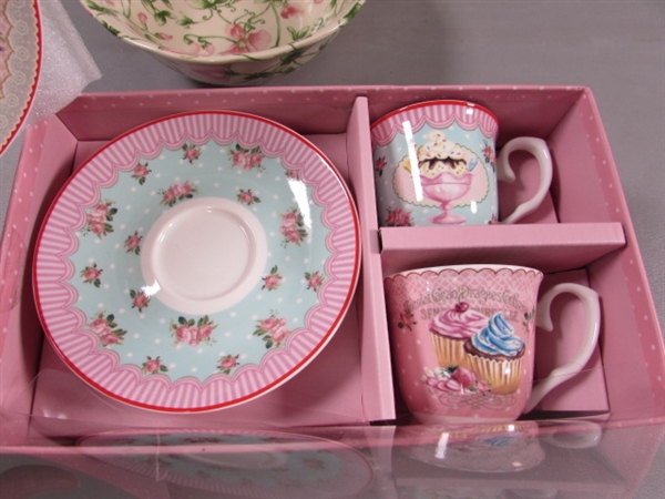 NEW TEA SET FOR 2 & HARRY & DAVID PLATES & A BOWL