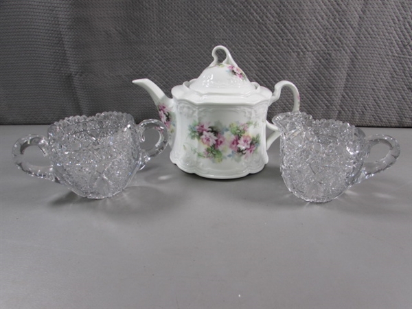 LEAD CRYSTAL SUGAR & CREAMER & FINE CHINA TEA POT