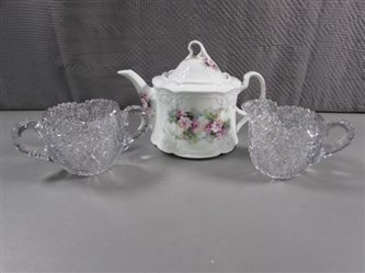 LEAD CRYSTAL SUGAR & CREAMER & FINE CHINA TEA POT