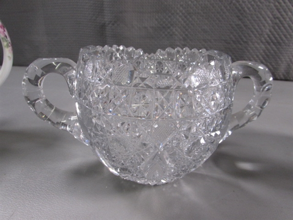 LEAD CRYSTAL SUGAR & CREAMER & FINE CHINA TEA POT