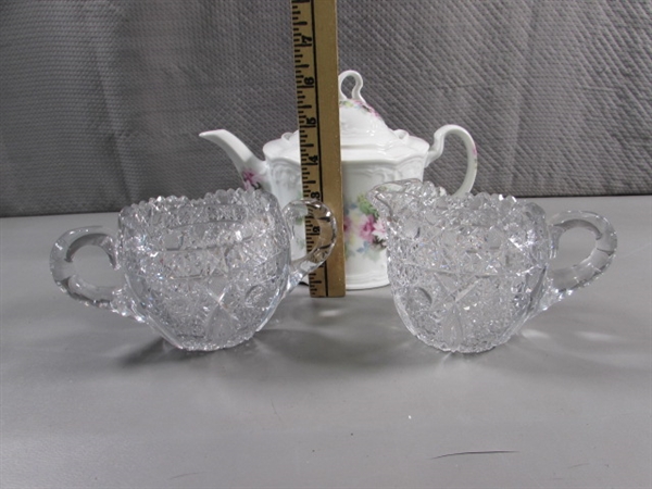 LEAD CRYSTAL SUGAR & CREAMER & FINE CHINA TEA POT