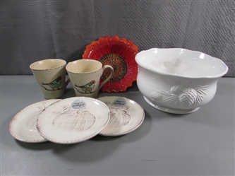 STONEWARE BOWLS, PLATES & PAIR OF MUGS