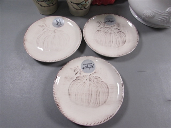 STONEWARE BOWLS, PLATES & PAIR OF MUGS