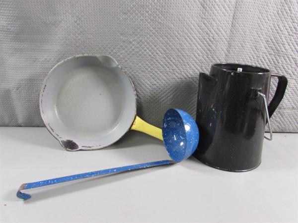 ENAMELED CAST IRON FRYING PAN, COFFEE POT & LADLE