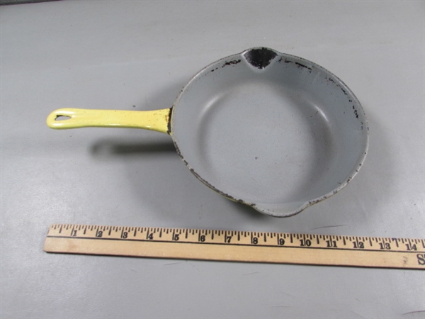 ENAMELED CAST IRON FRYING PAN, COFFEE POT & LADLE