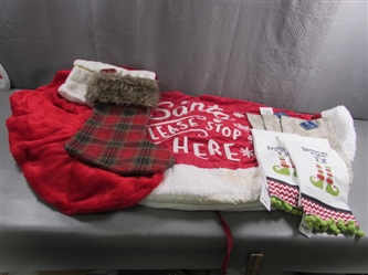 CHRISTMAS TREE SKIRT, GIANT STOCKING, NEW TOWELS