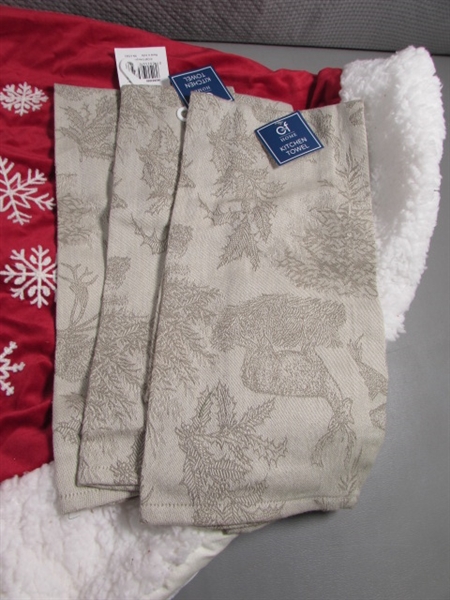 CHRISTMAS TREE SKIRT, GIANT STOCKING, NEW TOWELS