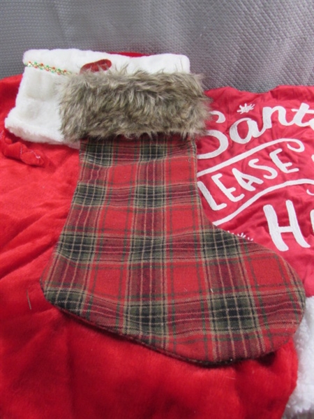 CHRISTMAS TREE SKIRT, GIANT STOCKING, NEW TOWELS