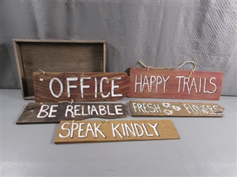 HAND PAINTED WOODEN SIGNS & A WOODEN TRAY