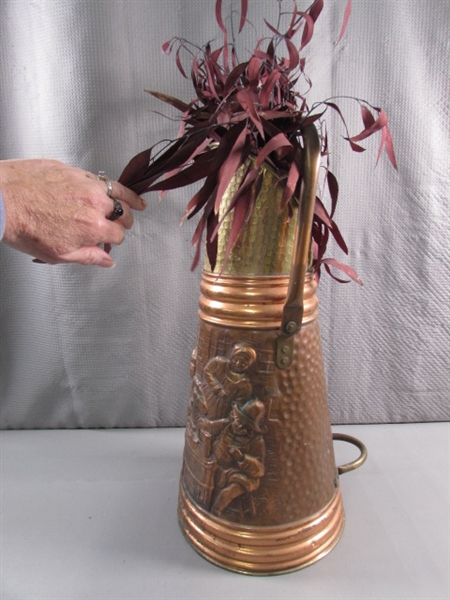 COPPER & BRASS ASH BUCKET W/FOLIAGE